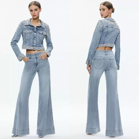 NWT Alice + Olivia Nelson Embellished Fitted Denim Jacket Size S $895